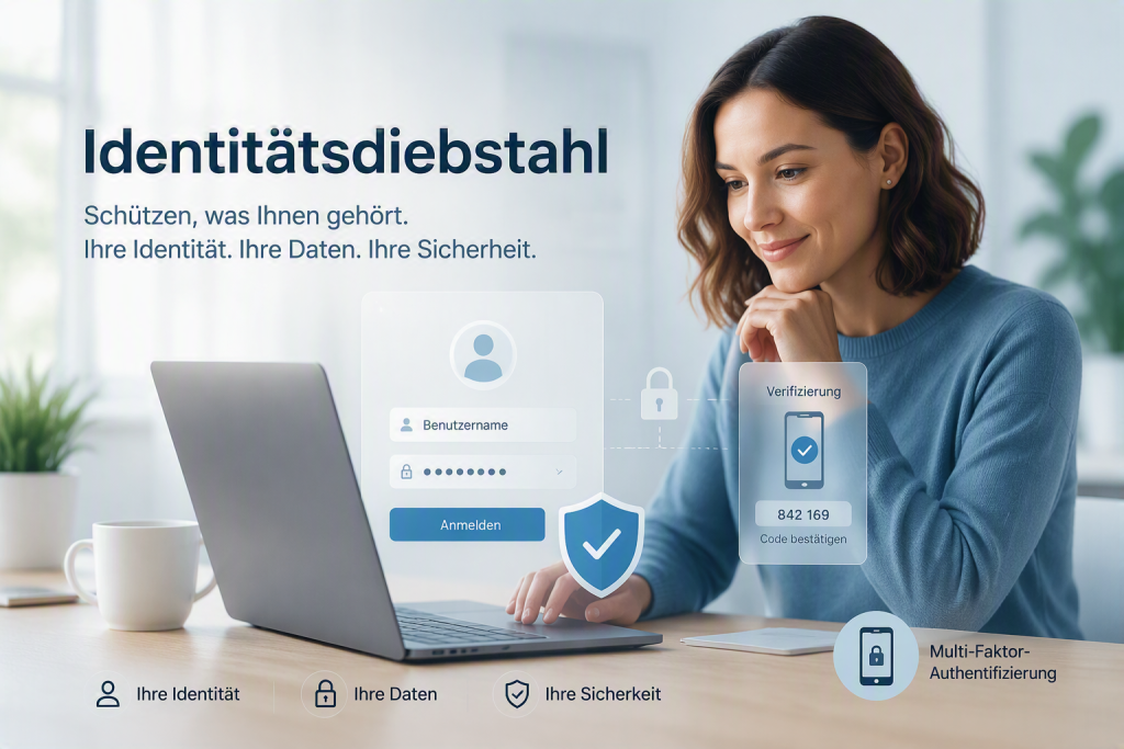 Person arbeitet am Laptop, während digitale Identitäts- und Sicherheitssymbole sowie eine Multi-Faktor-Authentifizierung dargestellt werden.