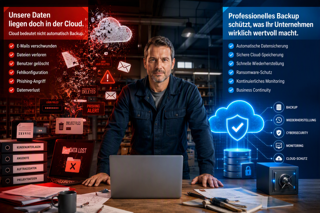 Unternehmer in moderner Arbeitsumgebung zeigt die Risiken fehlender Microsoft-365-Datensicherung und die Vorteile professioneller Backup-, Cybersecurity- und Wiederherstellungslösungen für Unternehmen und Handwerksbetriebe.